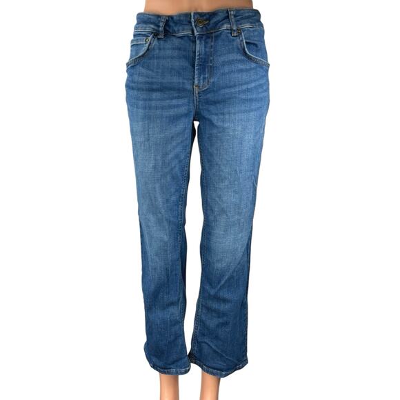 Zara Women's Blue Medium Wash Mid Rise Crop Flared Bootcut Denim Jeans Size 10 - Picture 1 of 5